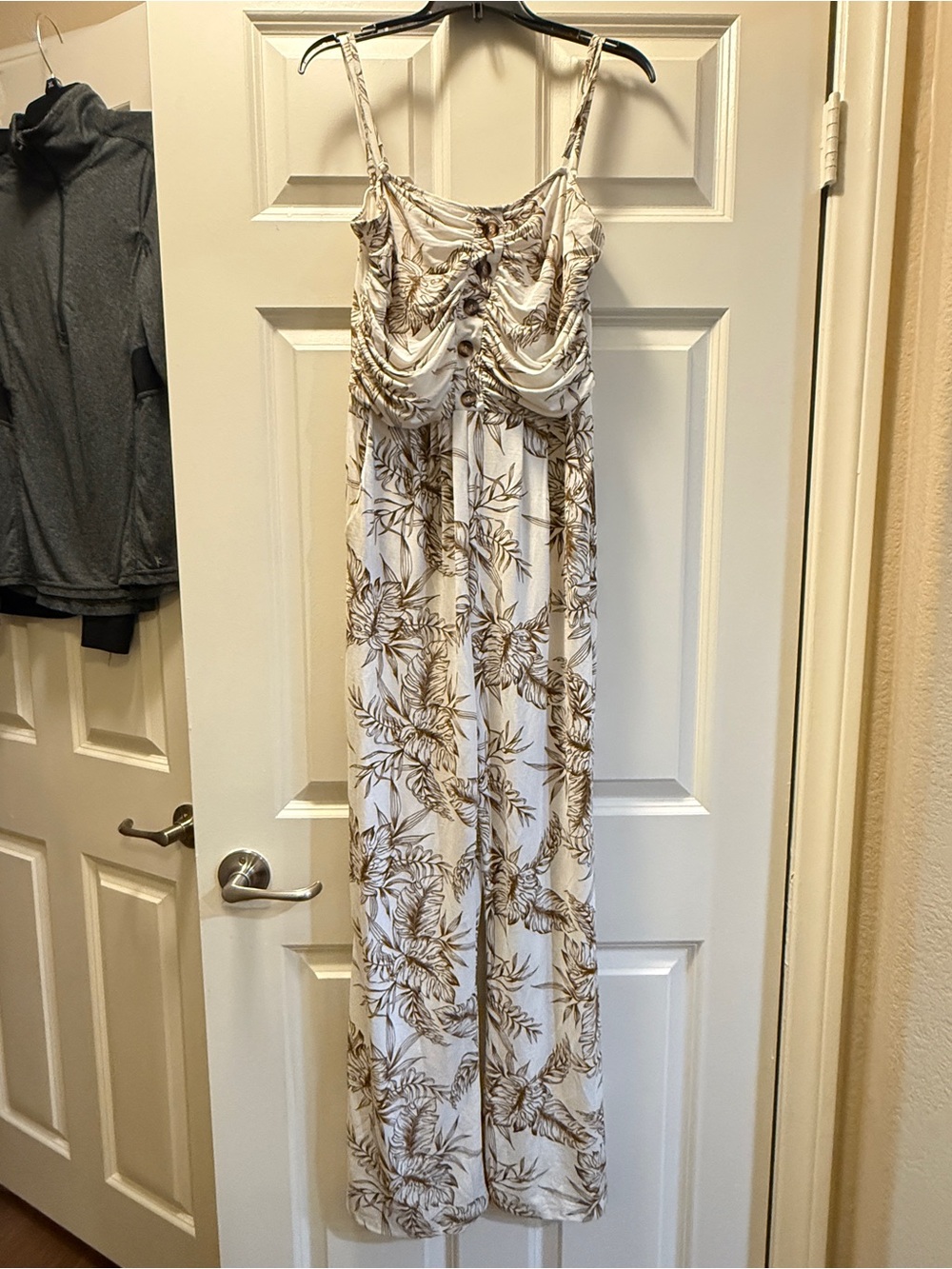 White and Brown Tropical Print Spaghetti-Strap Jumpsuit